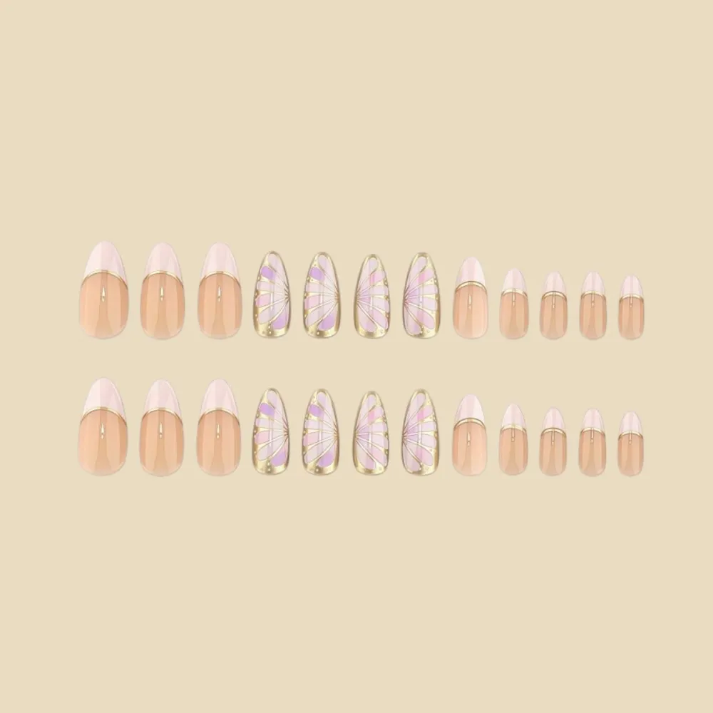 Nailhour 24pcs Medium Almond French Pink Press On Nails