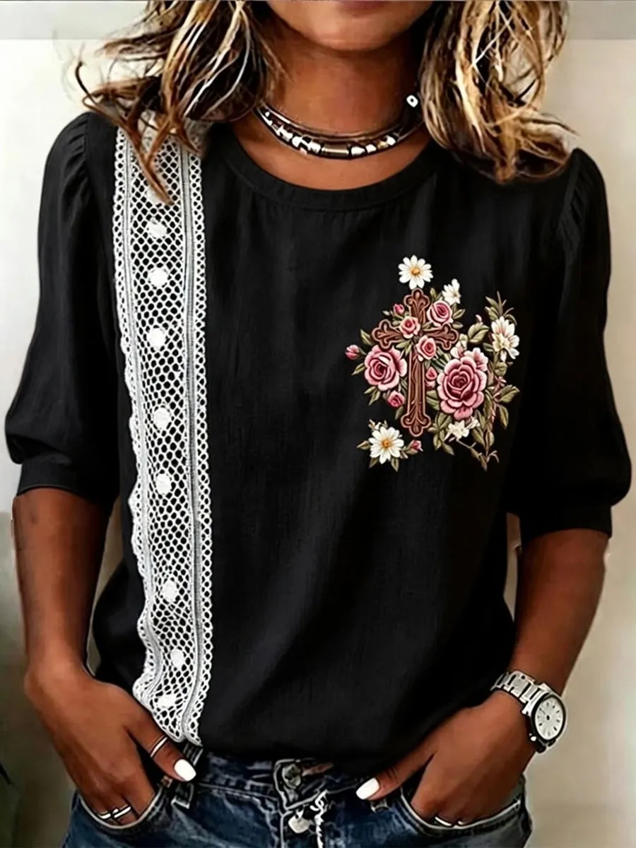 Women'S Cotton And Linen Floral Print Top