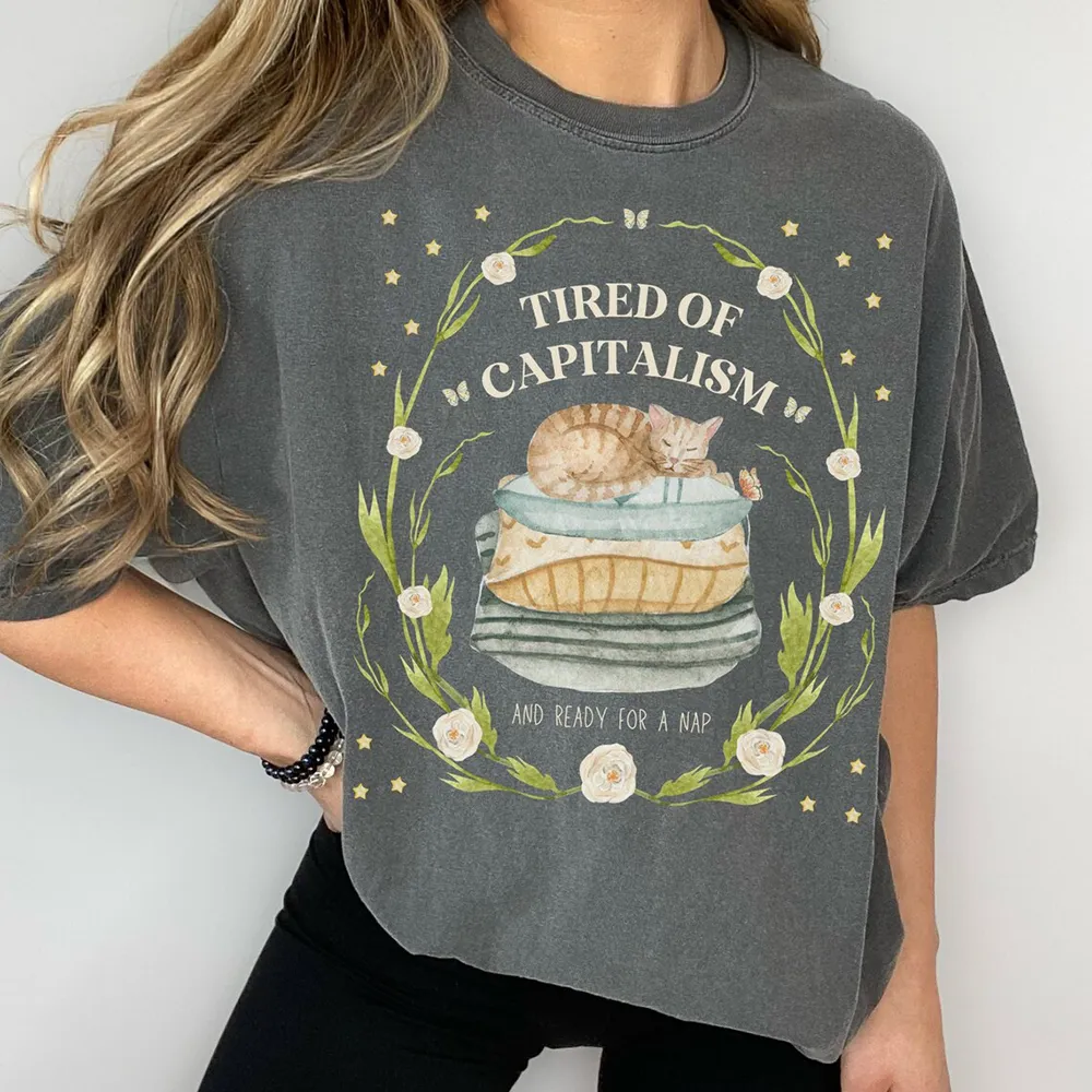 Cat Print T-Shirt Surrounded By Flowers