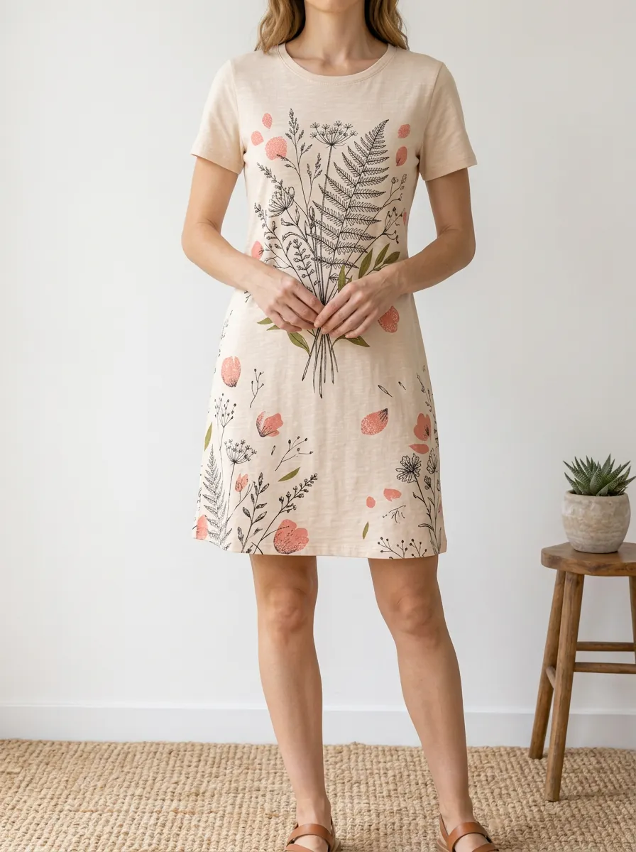 Women's Botanical Print Crew Neck T-Shirt Dress