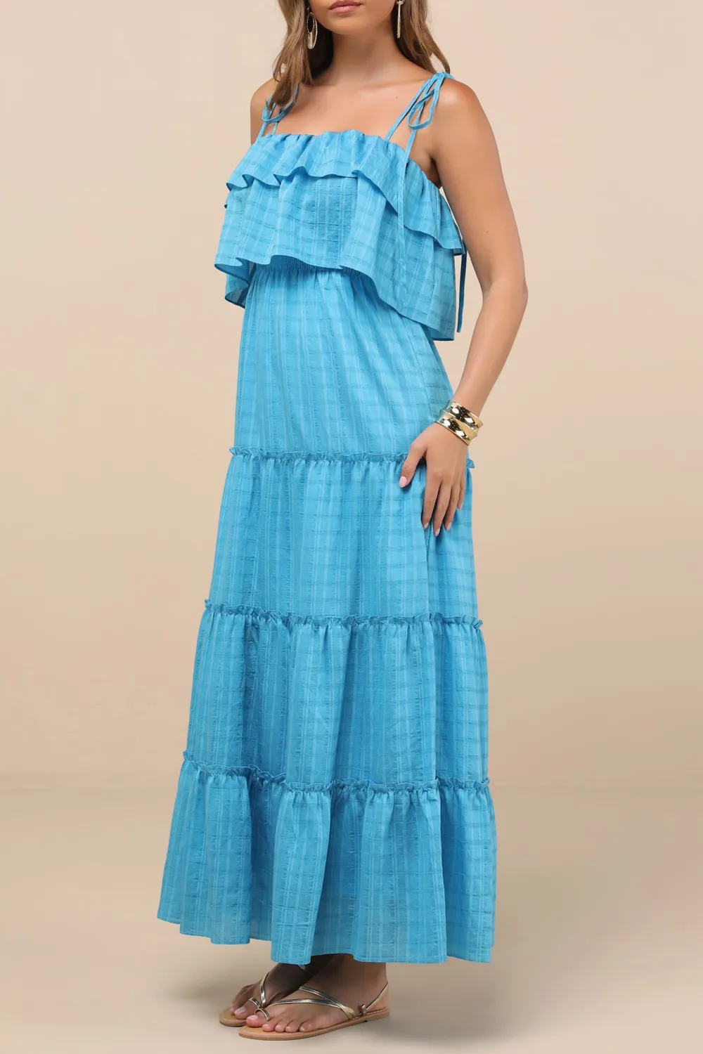 Casual Style Aqua Blue Textured Tie-Strap Tiered Maxi Dress
