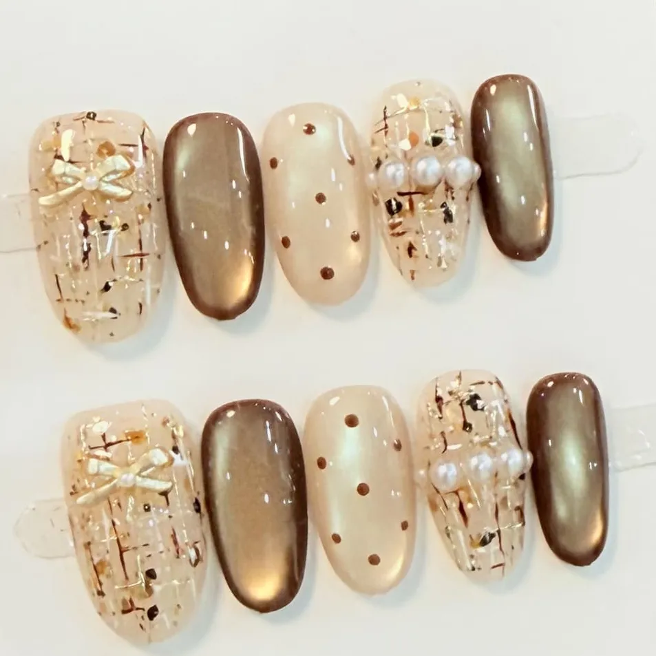 Nailhour 10Pcs French Brown Autumn Vintage Medium Oval Press On Nails