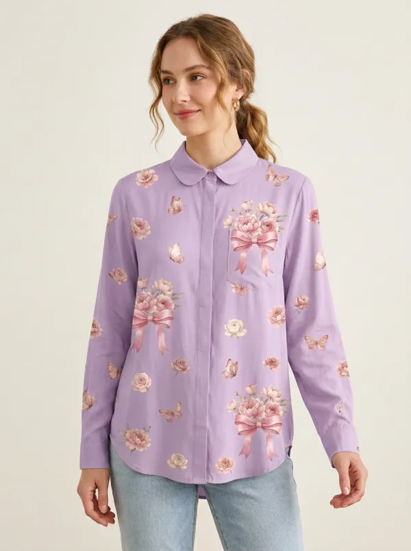 Women's Breast Cancer Awareness Floral Bow Butterfly Printed Shirt