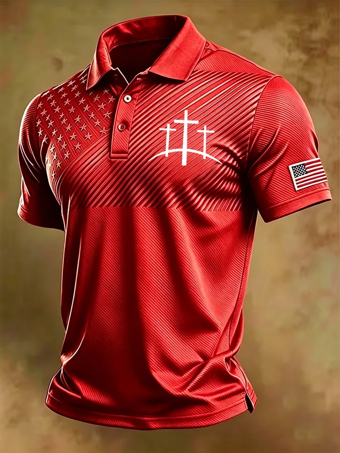Men'S Retro National Flag And Cross Print Print Casual Polo Shirt