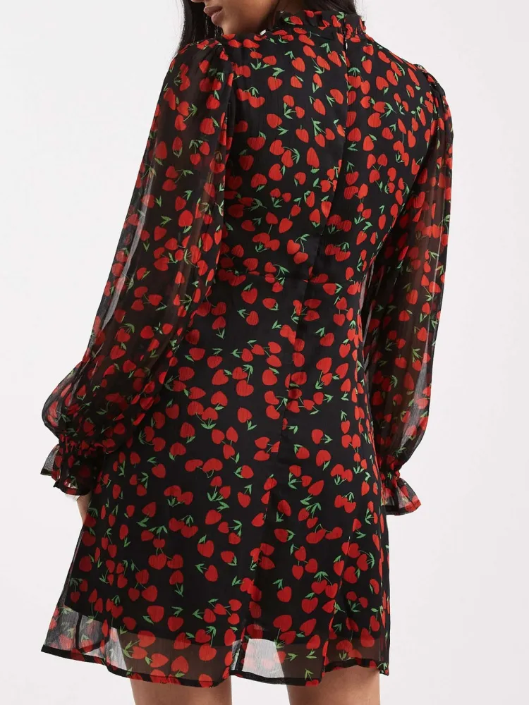 Cherry Print Ruffle Sleeve Dress