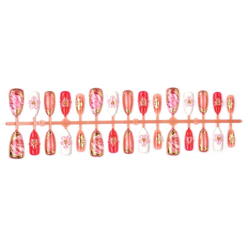 Nailhour 30Pcs Pink Gilded Floral 3D Medium Almond French Press On Nails