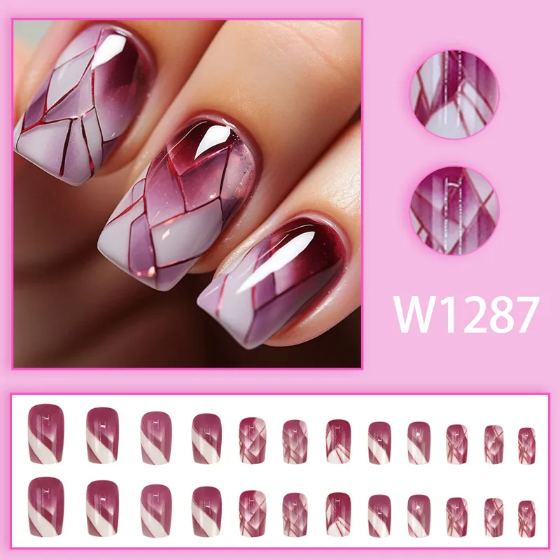 Nailhour Purple Plaid 24Pcs Square Press On Nails