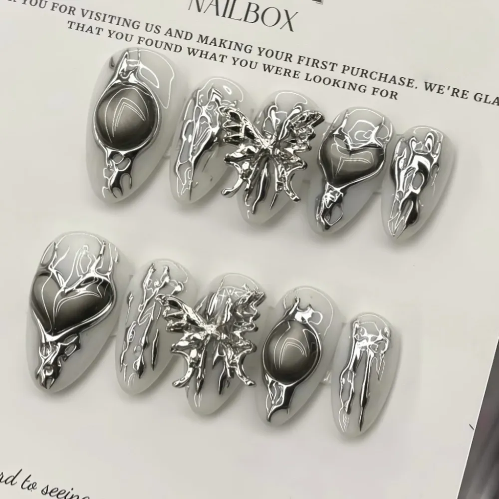 Nailhour 30Pcs Butterfly Almond Grey 3D Gilded Press On Nails