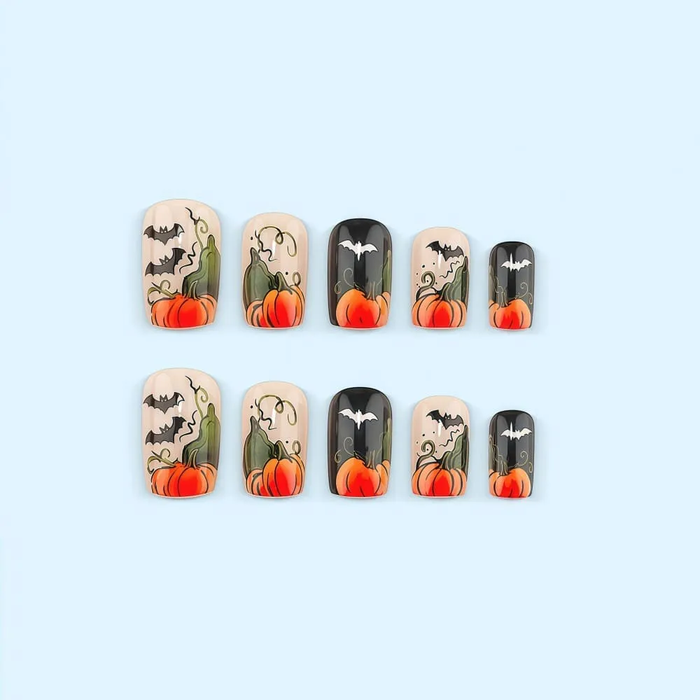 Nailhour 24Pcs Pumpkin Black and Orange Spider Halloween Short Square Press On Nails