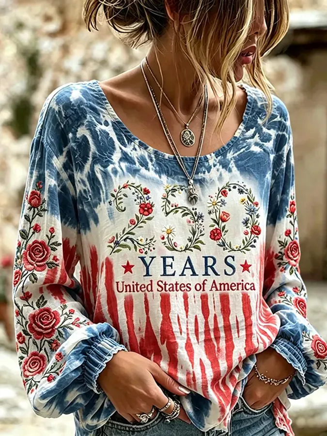 Women'S American Flag  Printed Long Sleeve Casual Shirt