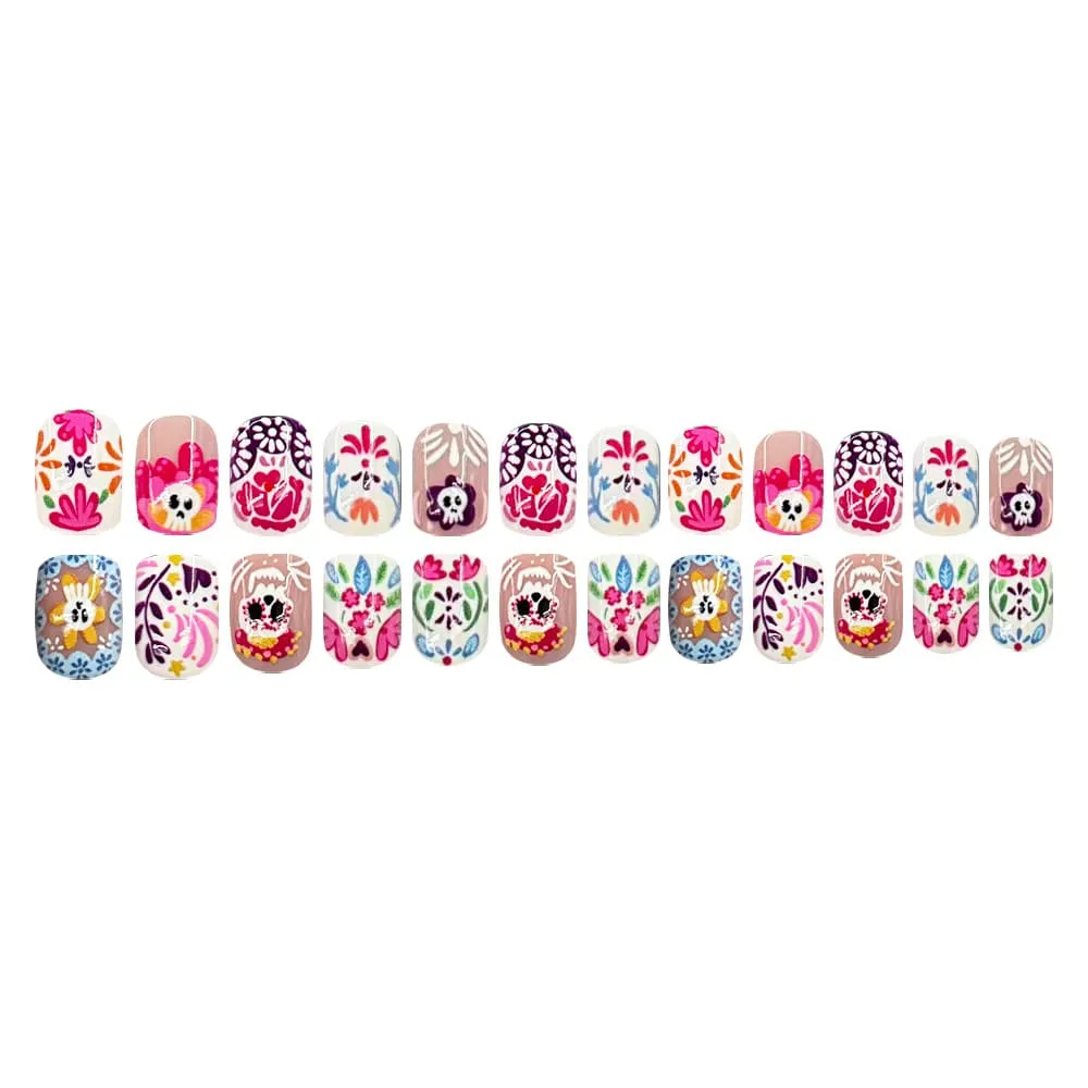 Nailhour 24Pcs Skeleton Halloween Multicolor Floral Short Oval Press On Nails