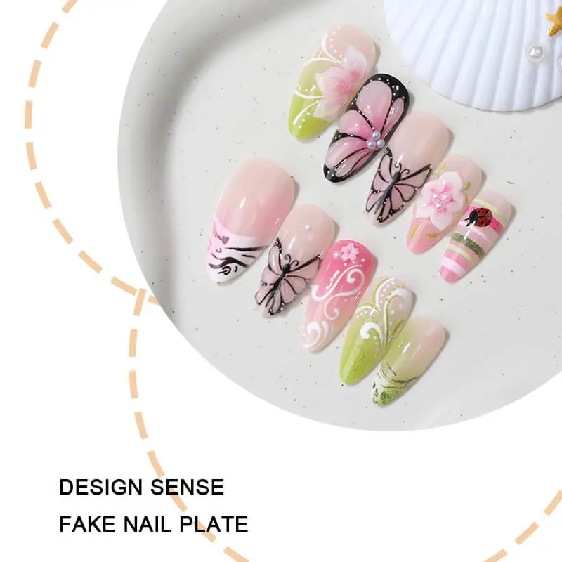 Nailhour 24Pcs French Medium Almond Garden Dawn Press On Nails