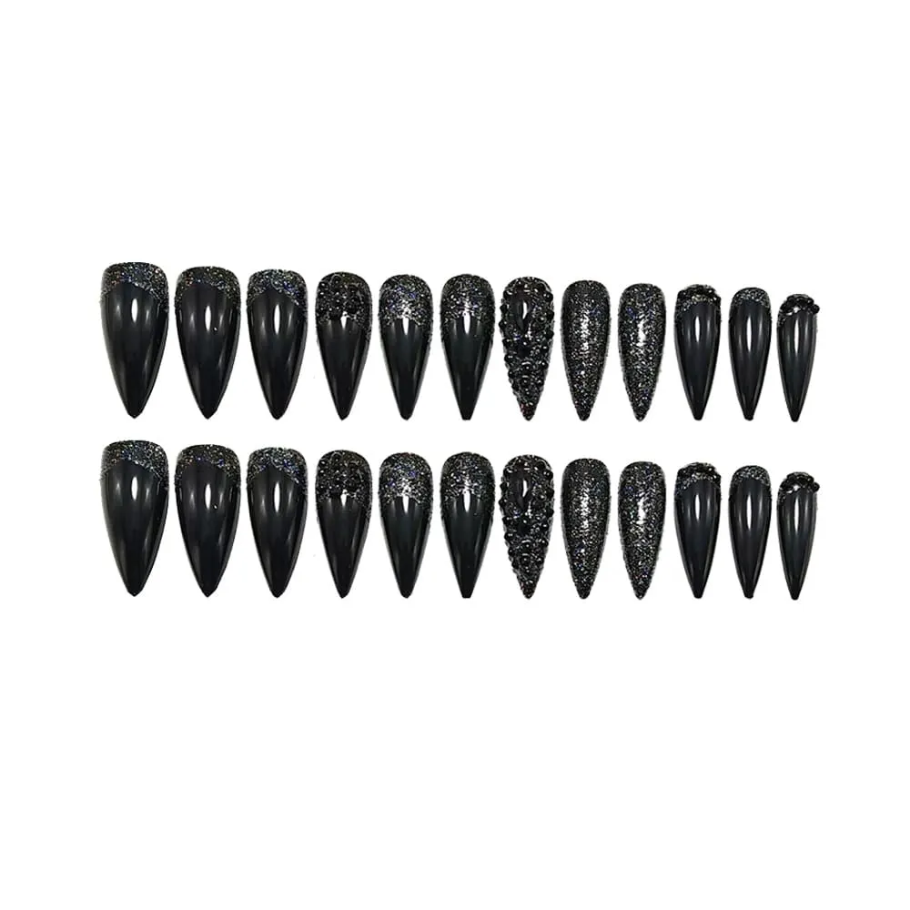 Nailhour 24Pcs Black 3D Rhinestone Gothic Medium Stiletto Press On Nails