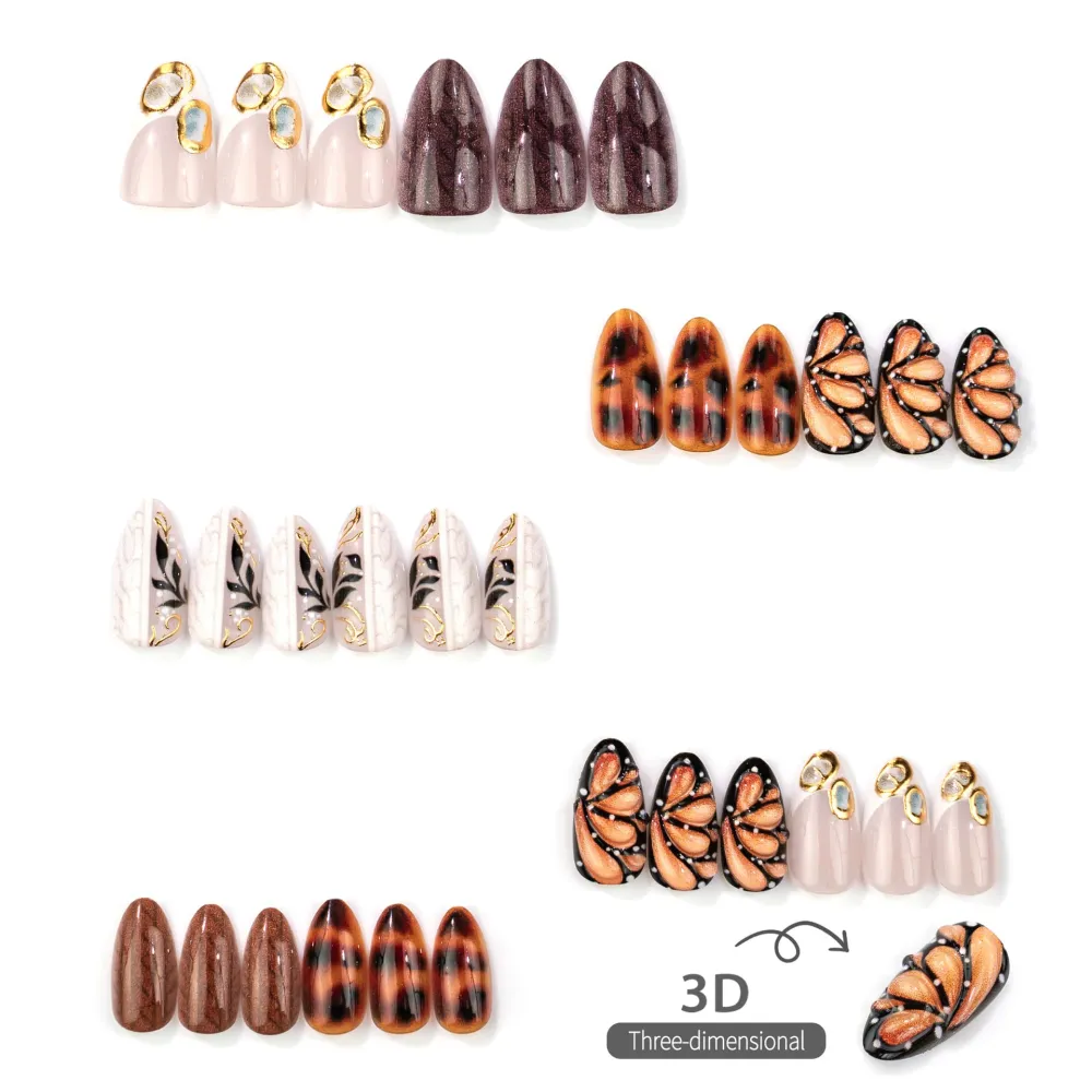 Nailhour 30Pcs Brown Butterfly Medium Almond Autumn Press On Nails