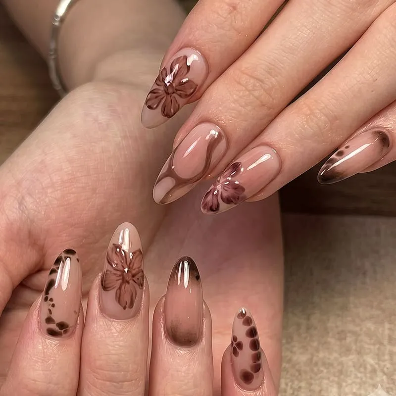 Nailhour 30Pcs French Brown Gradient Floral Medium Almond Press On Nails