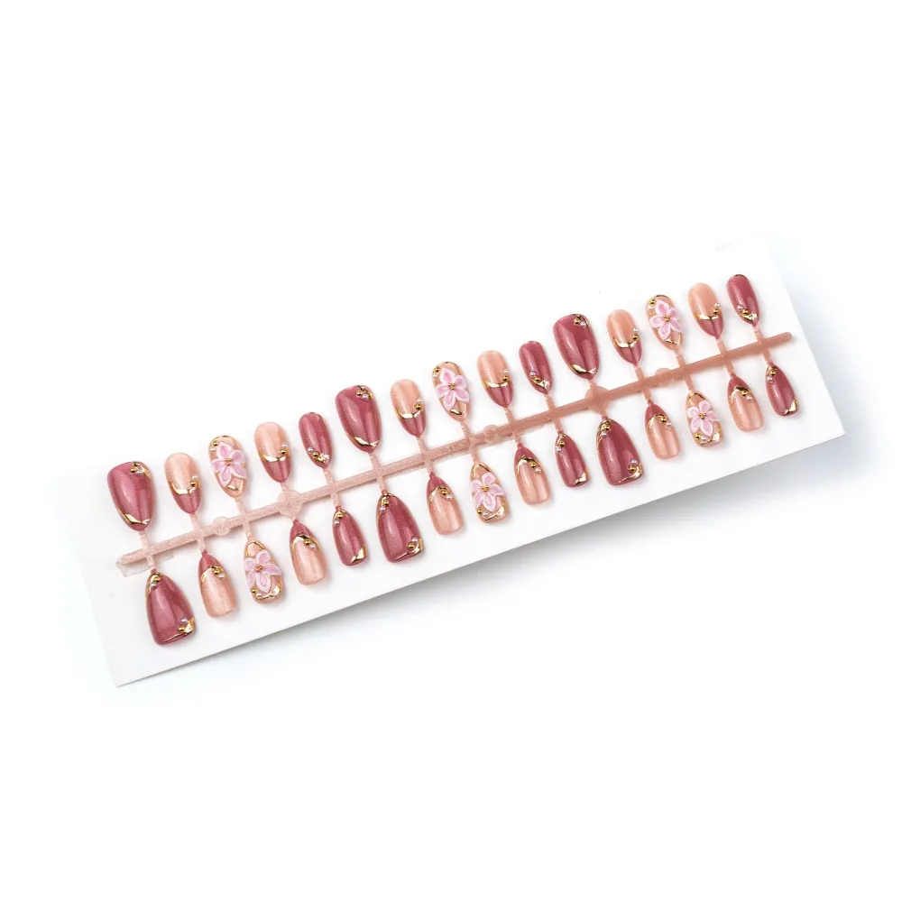 Nailhour 30Pcs Pink Floral Cat Eye 3D Medium Almond French Press On Nails