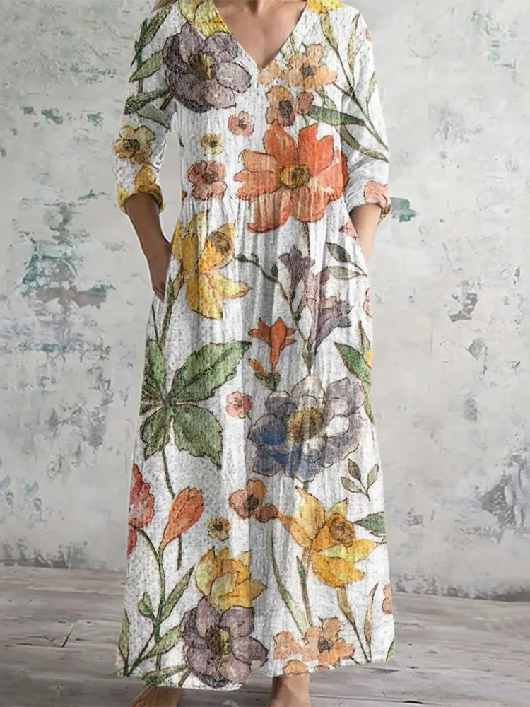 Full Print Colorful Flower Long-Sleeve Dress