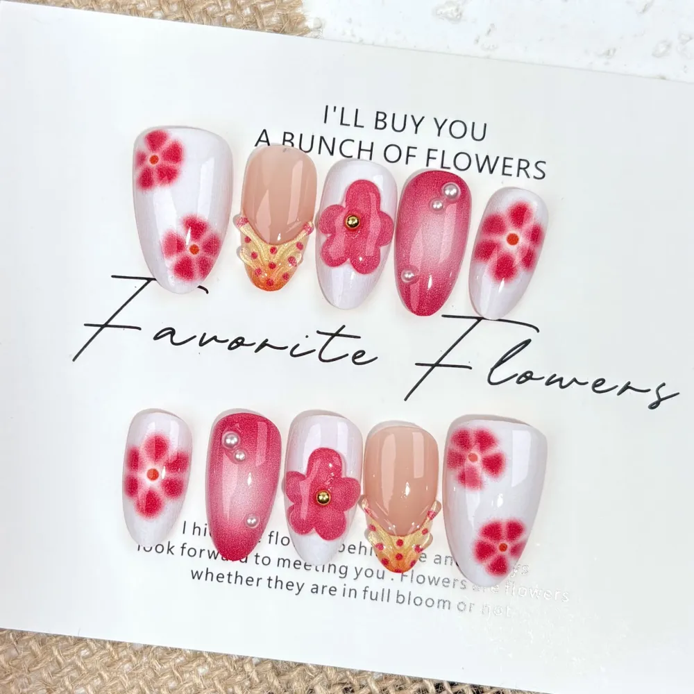 Nailhour 30Pcs Rose Red Floral 3D Medium Almond French Press On Nails