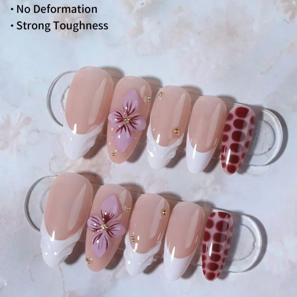 Nailhour 30Pcs French Medium Almond 3D Floral Rhinestone Press On Nails