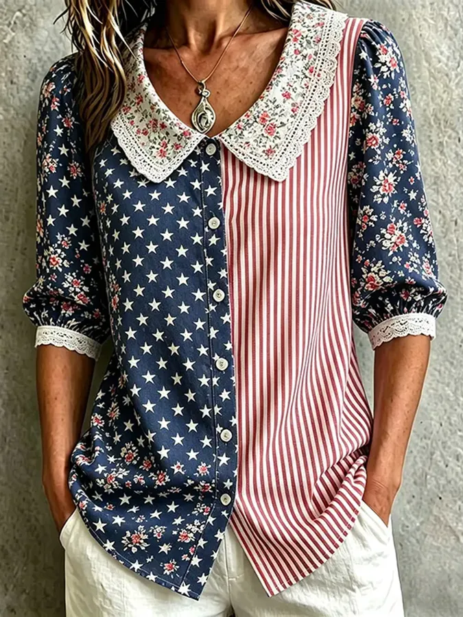 Women'S Casual Patriotic Cotton And Linen Shirt