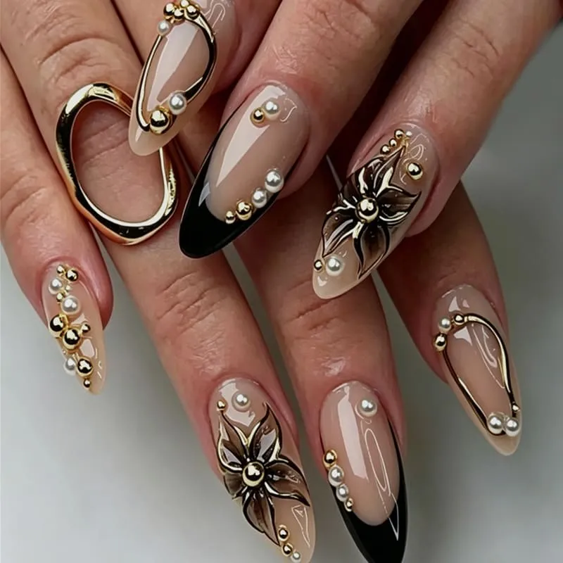 Nailhour 24Pcs 3D Gilded Floral Black Medium Almond Press On Nails
