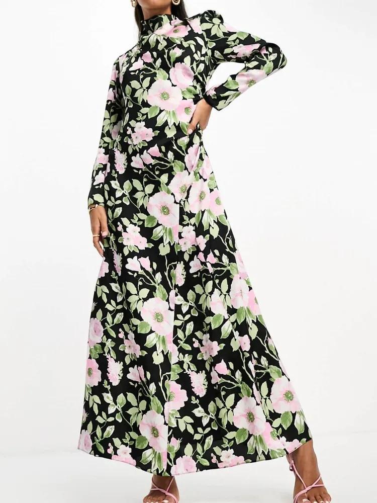 Floral Design High Neck Dress