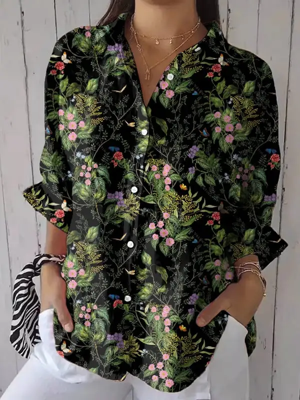 Women's Floral Cotton And Linen Print Shirt