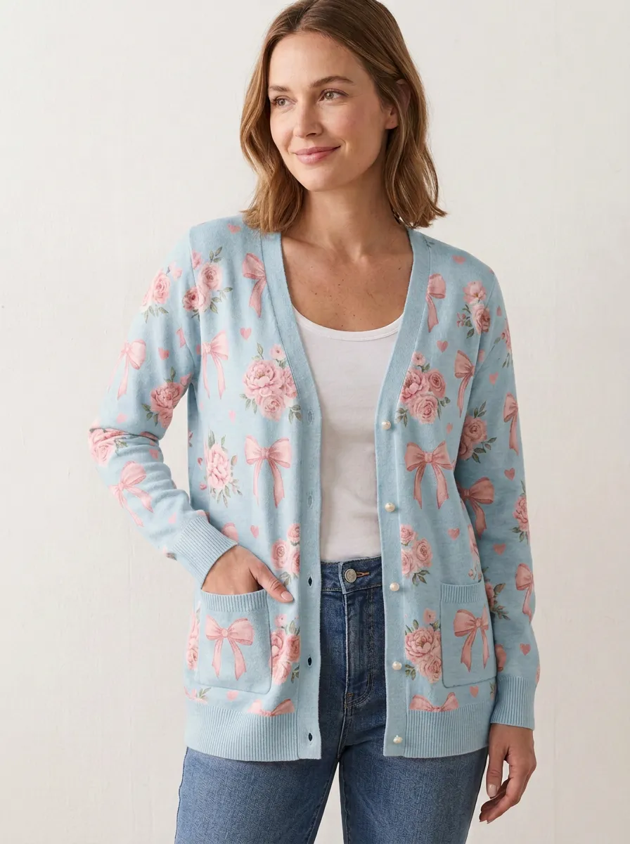 Women's Breast Cancer Awareness Pink Bow Floral Printed Cardigan