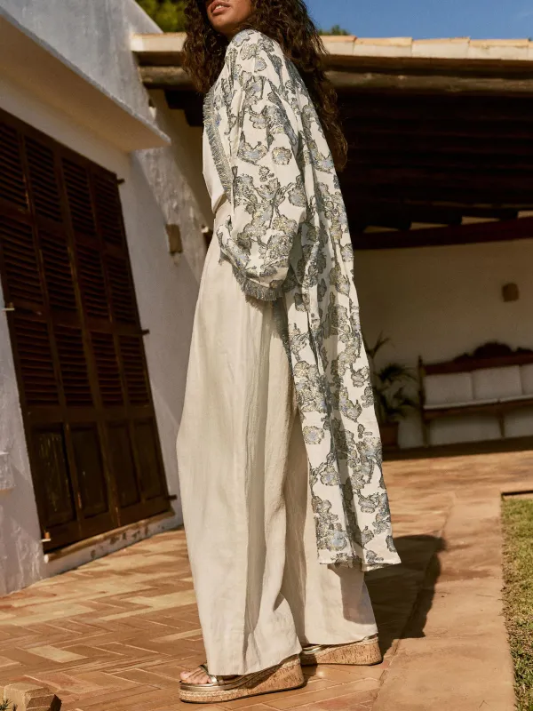 Ribbon-Cut Long Kimono Cardigan