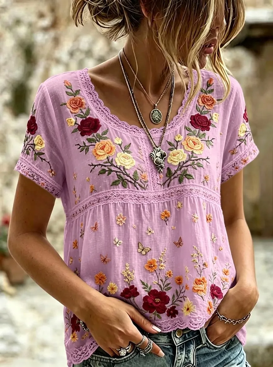 Women's Floral Boho Rose Butterfly Embroidered Printed T-shirt