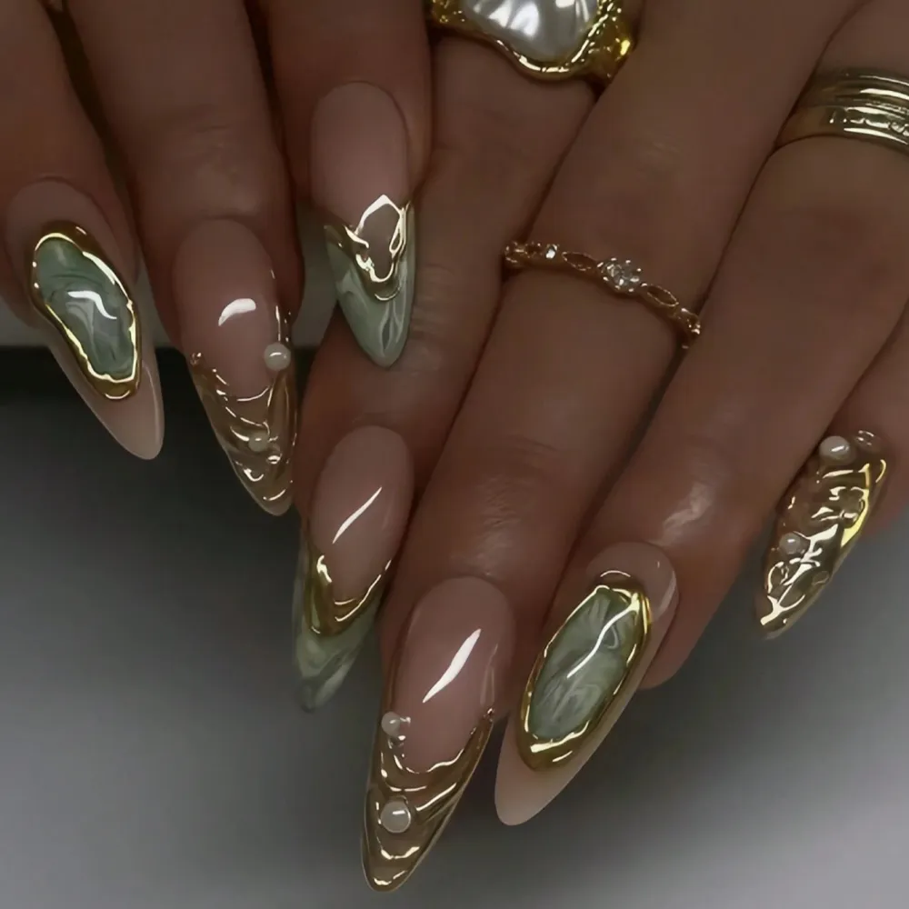 Nailhour 24pcs Green Gemstone Pearl Dopamine Color Scheme Almond Press On Nails