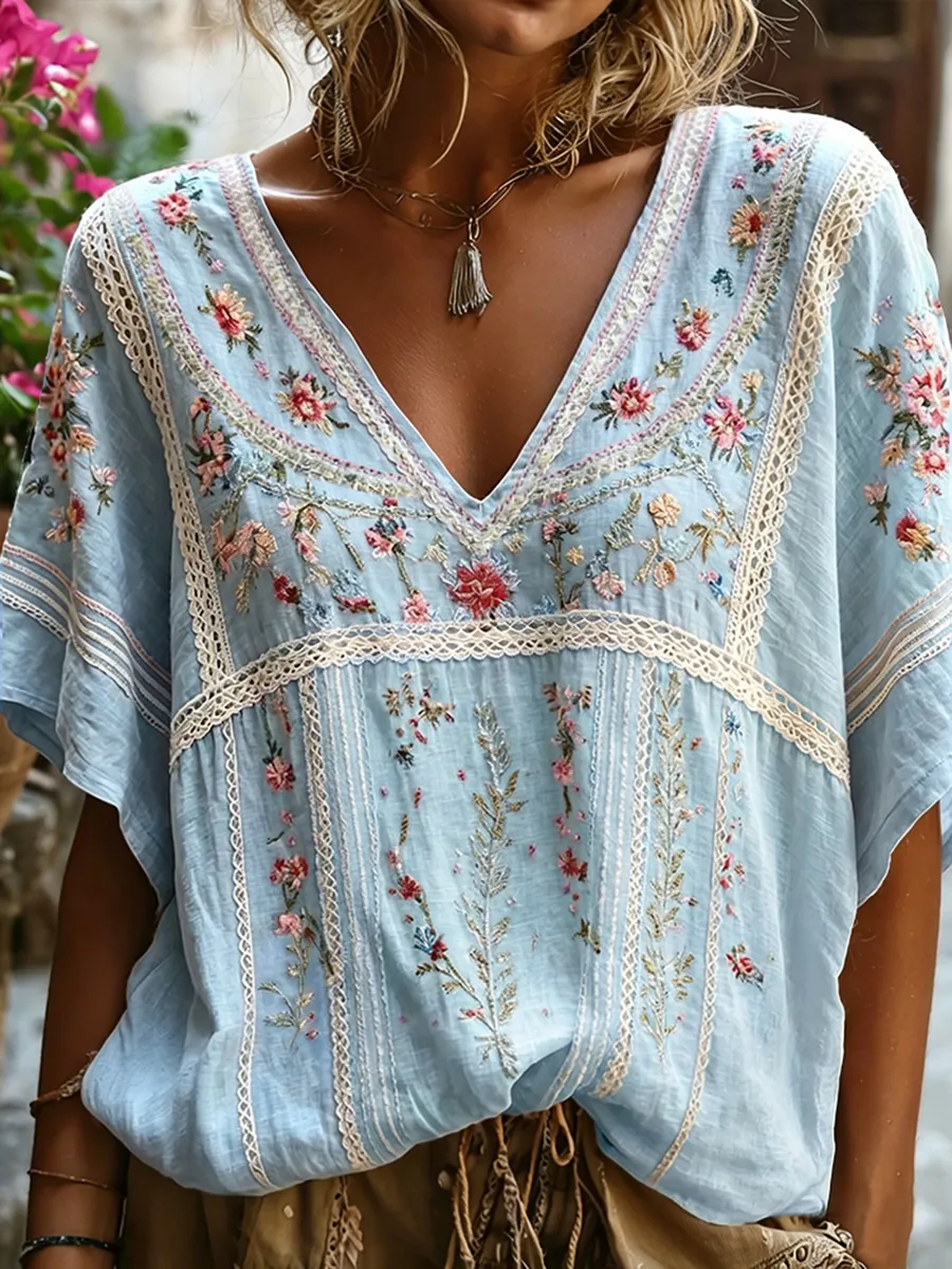 Women's Boho Floral Embroidered Lace Trim V-Neck Blouse