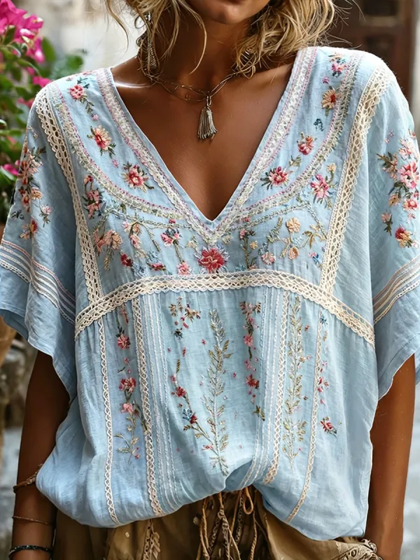 Women's Boho Floral Embroidered Lace Trim V-Neck Blouse