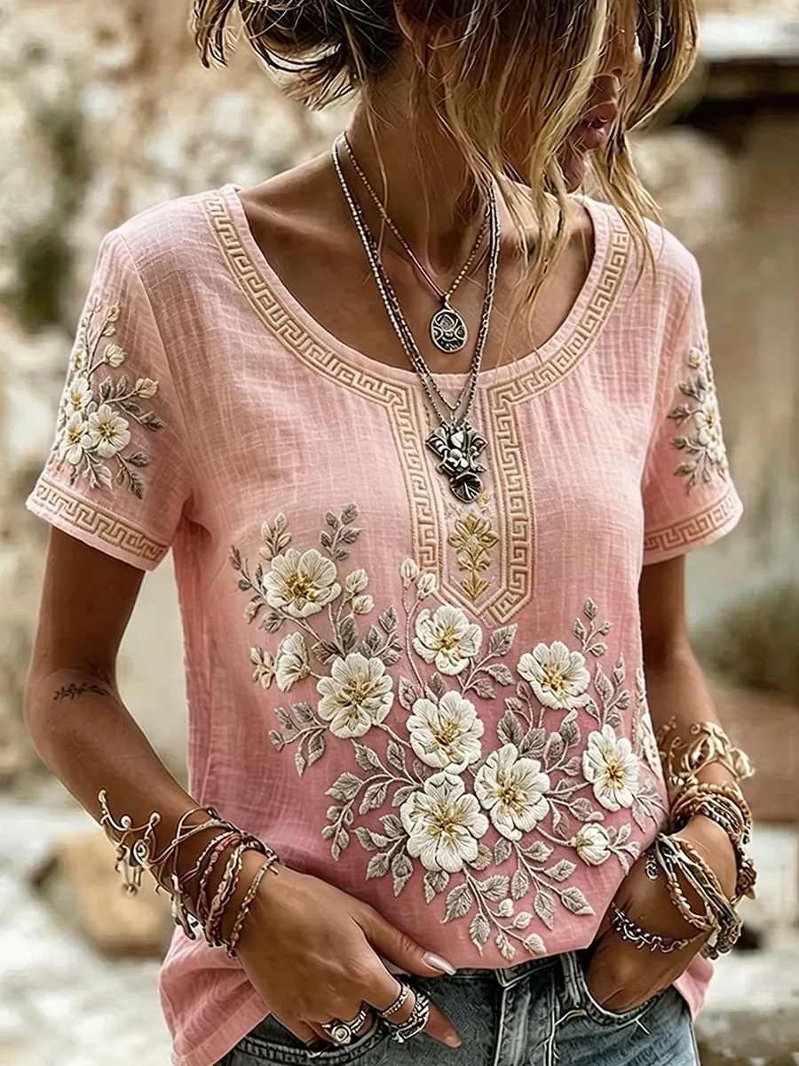 Women's Retro Line Floral Print Round Neck Short Sleeved Linen Blend T-Shirt