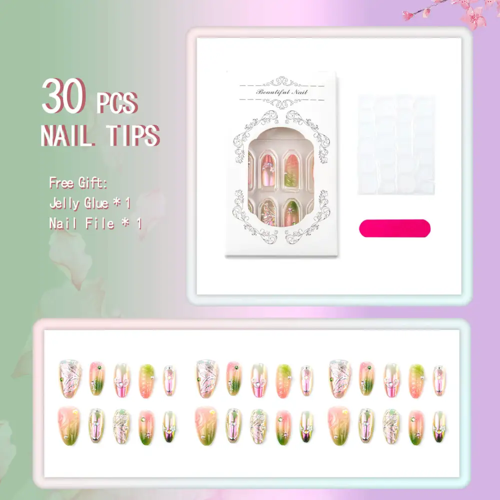Nailhour 30Pcs 3D Chrome Floral Resin Medium Almond Press On Nails