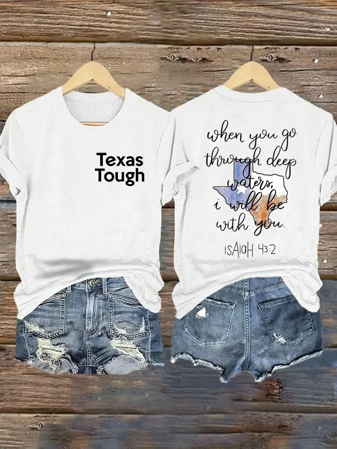 Retro Texas Tough Print Round Neck T-Shirt
