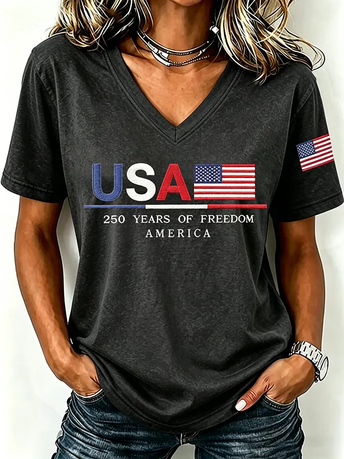 250Th Anniversary American Embroidery Commemorative V-Neck Short Sleeved T-Shirt