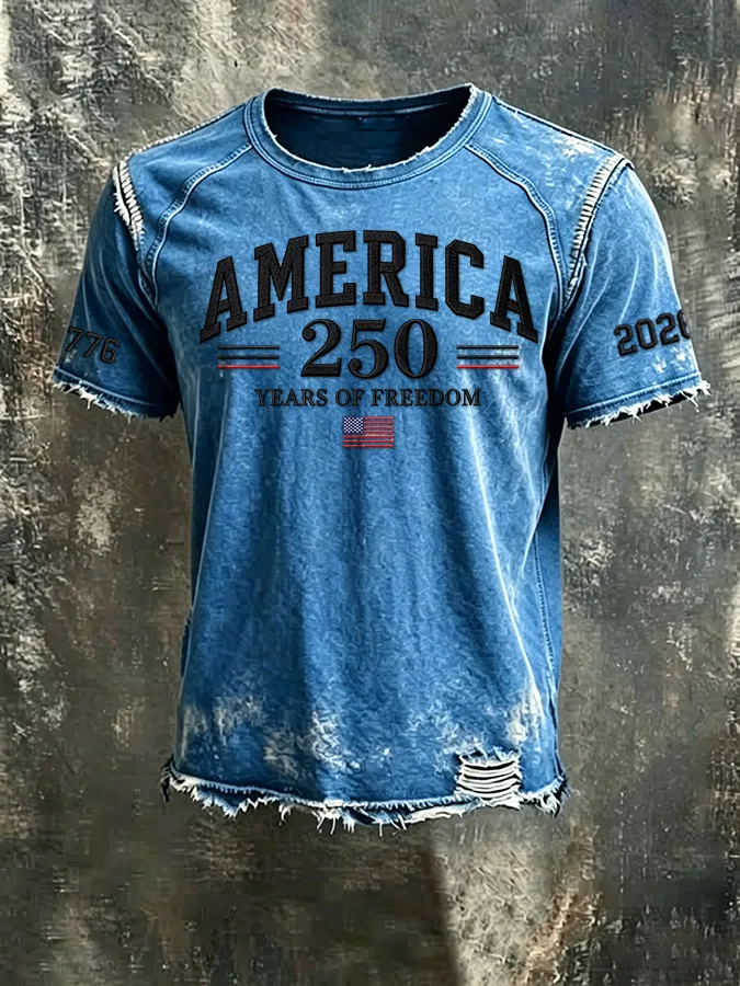 Men'S 250th Anniversary  Casual Washed Cotton And Linen Raglan Short Sleeved T-Shirt