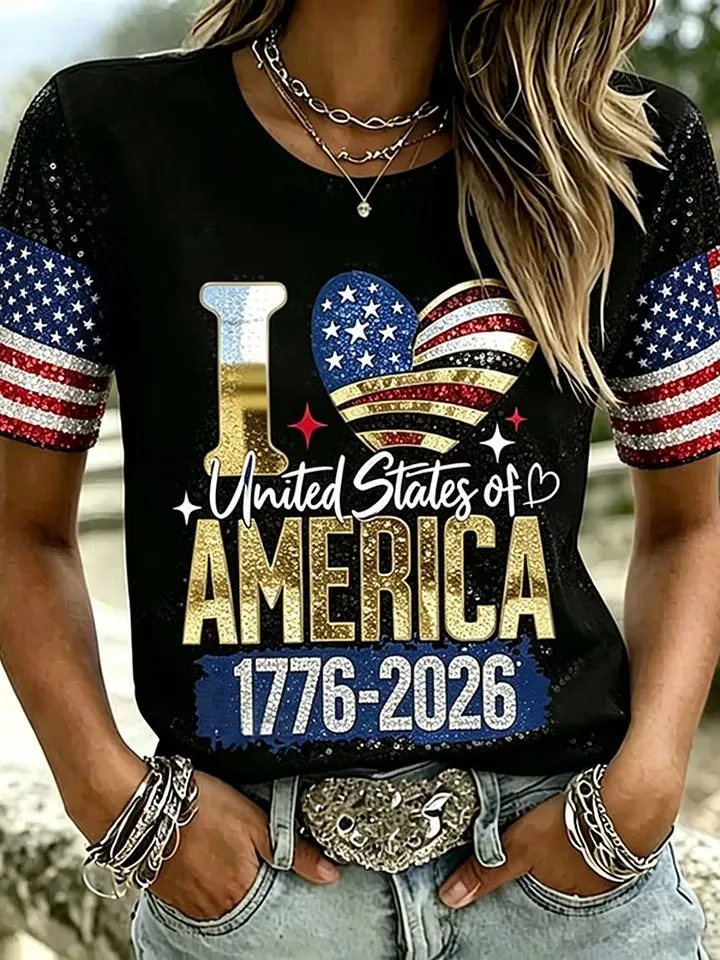 Ladies' Leisure, I Love America 250Th Anniversary Celebration Personalized Printed Round Neck T-Shirt