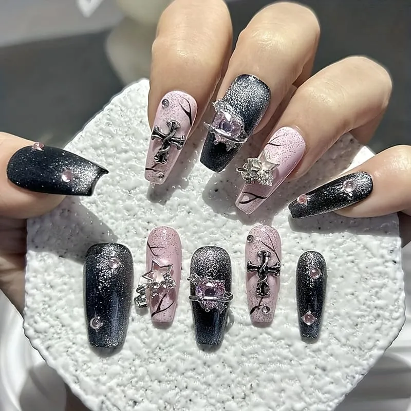 Nailhour 10Pcs Pink Rhinestone Cat Eye 3D Medium Coffin Press On Nails