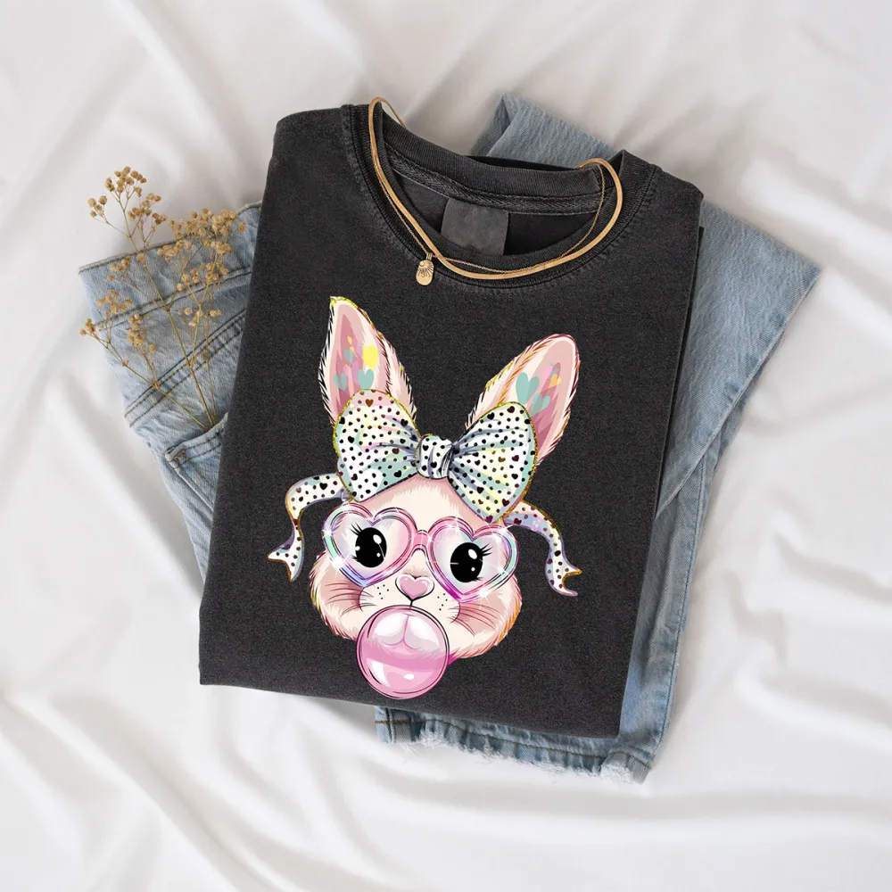 Bow Adorned Bunny Print T-Shirt