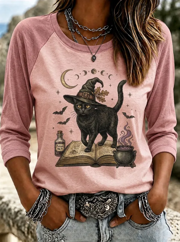 Women's Witchcraft Cat Lover Black Cat Witch Hat Printed T-shirt
