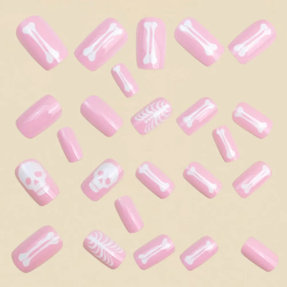 Nailhour 24Pcs Halloween Short Square Y2K Skull & Rib Press On Nails