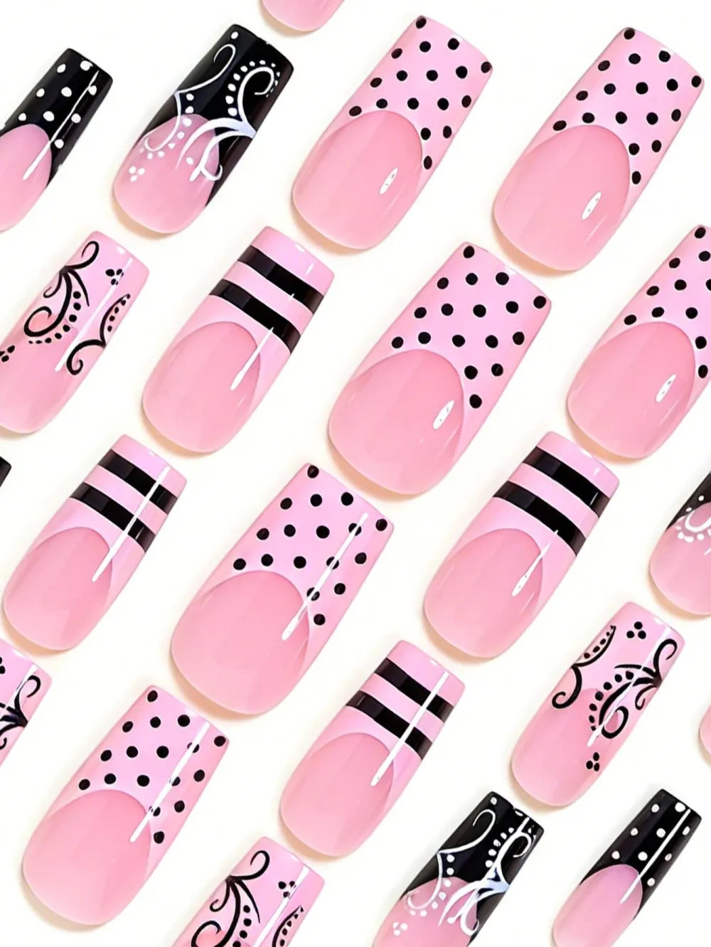 Nailhour Y2K Retro Black And Pink Contrast Polka Dot 24 Pcs Press On Nails