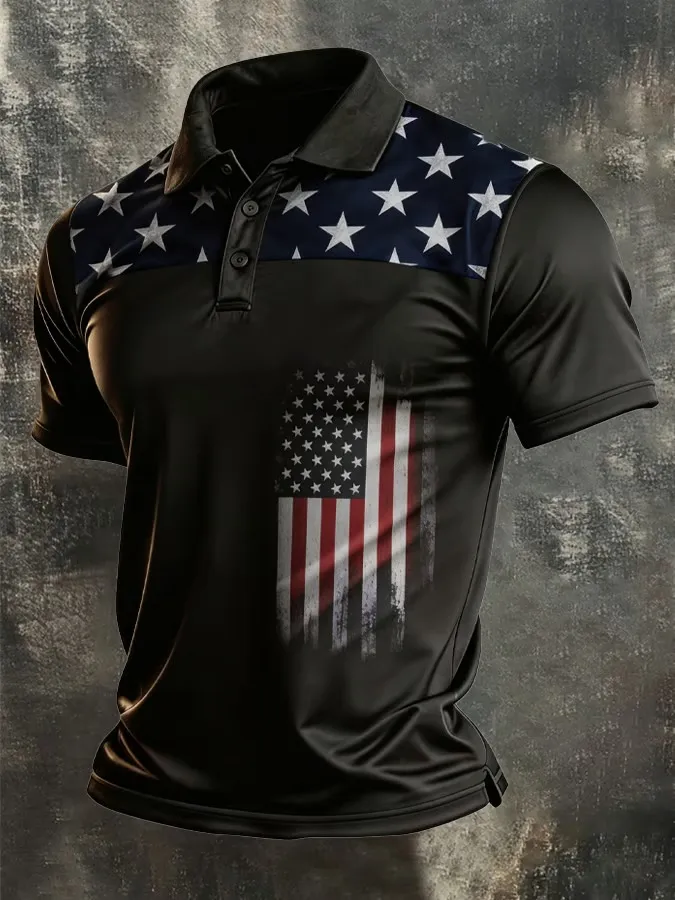 Men's Retro Patriotic Color Block Short Sleeved Lapel Shirt
