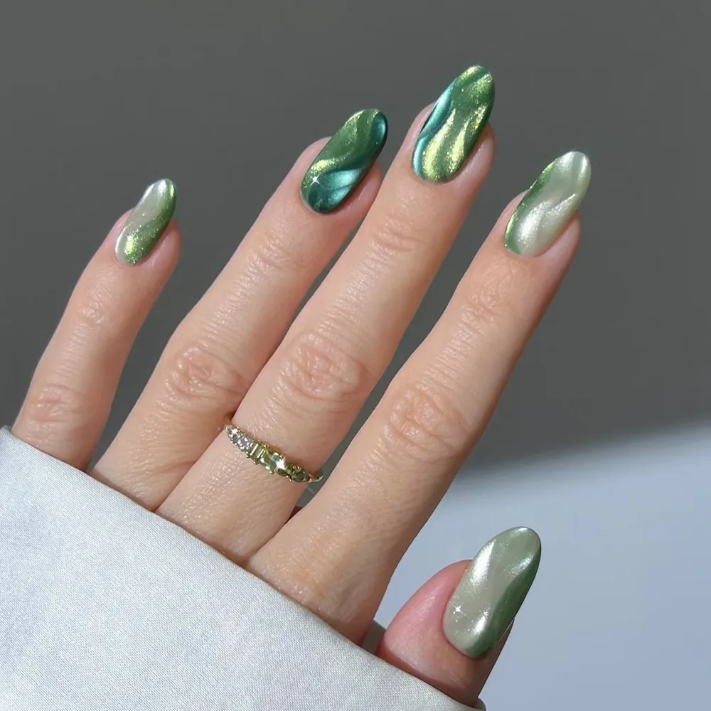 Nailhour 24Pcs Green Cat Eye Nail Art Glitter Press On Nails