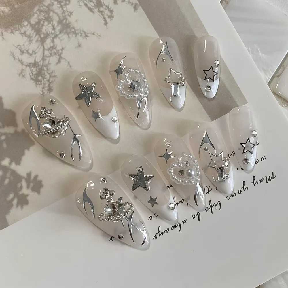 Nailhour 10Pcs 3D French Rhinestone Medium Almond Press On Nails