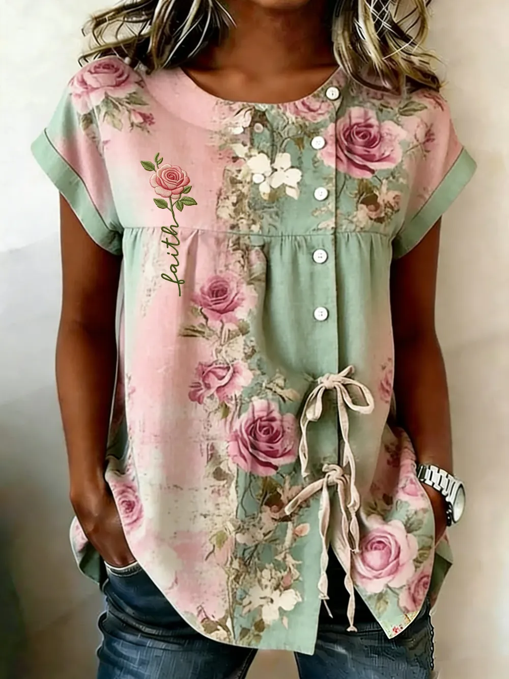 Women's Retro Floral Print Crew Neck Top