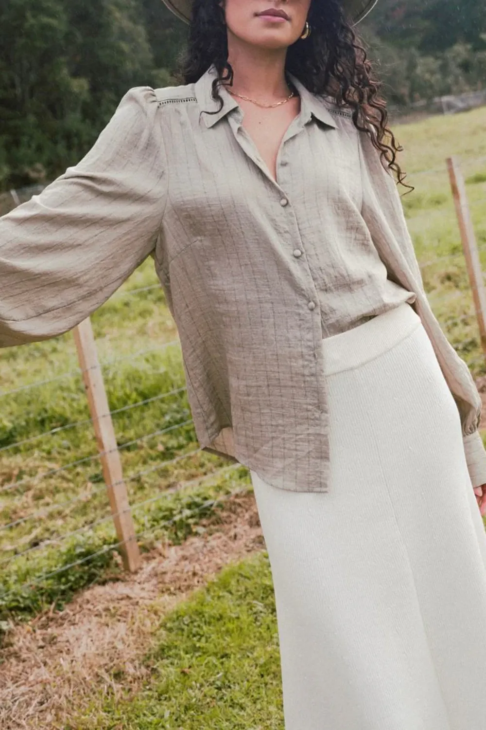 Khaki Stripe Lace Insert Linen Blouse