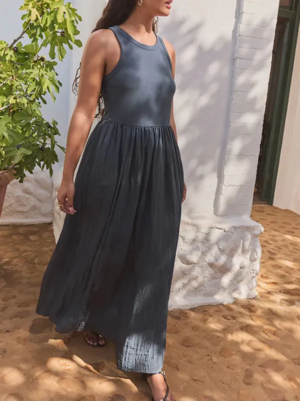 Classic Pure Color High-Waist Blended Dress